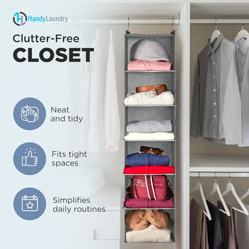 Miniatura 3 de Handy Laundry Organizador colgante para armario, 6 estantes para ropa, suéteres, zapatos y accesorios, estantes de armario que ahorran espacio