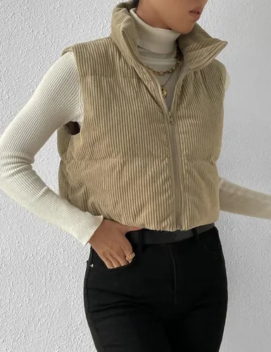 Miniatura 5 de Gihuo Chaleco acolchado de pana para mujer, con cuello alto, con cremallera, acolchado, sin mangas, chaleco