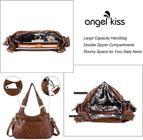 Miniatura 3 de Angelkiss Monederos grandes y bolsos para mujer, de piel sintética lavada, bolso cruzado de hombro