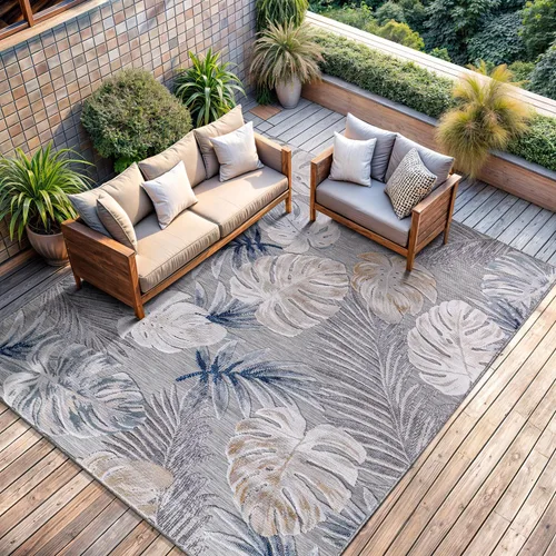 CAMILSON Alfombra para Interiores y Exteriores, Alfombras de Área Azules 5x7 con Hojas Tropicales Botánicas para Patios Interiores y Exteriores,