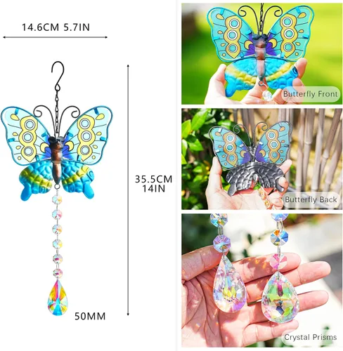 Miniatura 2 de Juego de 2 atrapasoles de mariposa de metal para ventanas – Decoración de pared de valla al aire libre de 14 pulgadas, prismas arcoíris