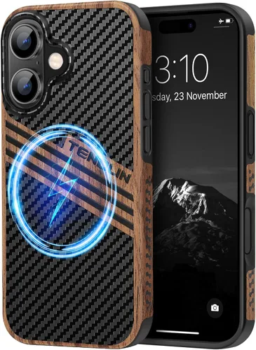 Miniatura 15 de TENDLIN Compatible con iPhone 17 Pro Max Funda de madera con textura de fibra de carbono Diseño de cuero híbrido delgado (negro)