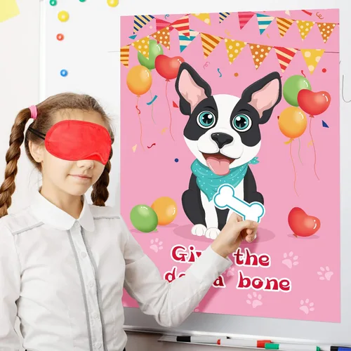 Miniatura 5 de Fowecelt Juego de fiesta Pin The Bone on The Dog con 48 piezas de hueso, vendas de ojos, póster y adhesivos para suministros de fiesta de cumpleaños