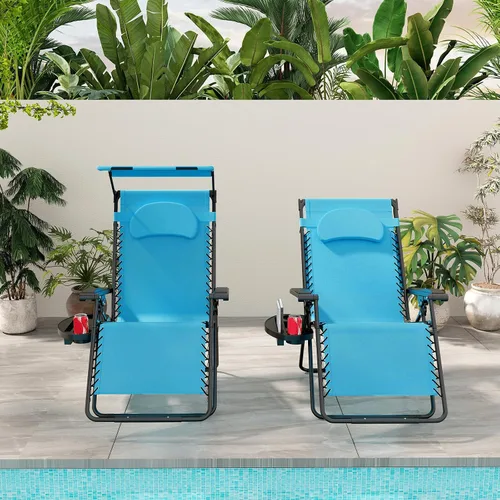 Miniatura 2 de Goplus Sillas Zero Gravity, Silla de jardín plegable y reclinable extra grande con toldo y soporte para tazas, Silla reclinable plegable ajustable