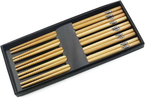 Miniatura 14 de Juego de 5 pares de palillos de bambú, reutilizables, estilo japonés, antideslizantes, juego de palillos clásicos de bambú natural, aptos