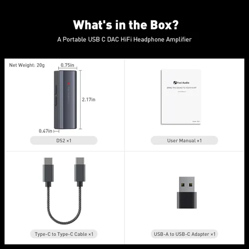Miniatura 7 de Fosi Audio DS2 USB C a AUX Amplificador de auriculares DAC Dongle 0.138 in Jack Audio Amplificador portátil de doble salida DSD256 0.173 in
