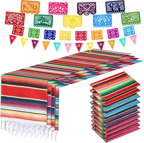 Miniatura 9 de Paquete de 10 caminos de mesa mexicanos de 14 x 84 pulgadas, 29 pancartas de papel picado, pancarta colgante de fiesta y banderín colorido para Rojo