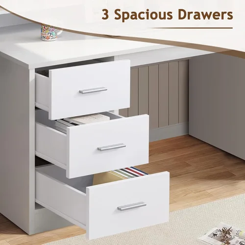 Miniatura 4 de MaverickFurni Escritorio blanco con cajones, escritorio de oficina en casa de 46 pulgadas con gabinete y almacenamiento, escritorio pequeño con 3