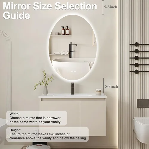 Miniatura 6 de Espejo de baño LED ovalado retroiluminado de 28 x 20 pulgadas, antiempañamiento, 3 colores, luz regulable, montado en la pared, espejo iluminado