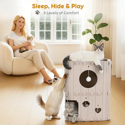 Miniatura 3 de Casa para gatos de interior – Cueva cerrada de 2 pisos para gatos múltiples y grandes, cubierta de fieltro para mascotas, túnel de condominio, cubo