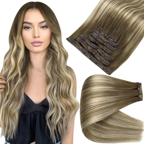 Miniatura 46 de Full Shine Extensiones de cabello humano con pinzas, cabello humano Remy invisible para mujer, color rubio platino, 20 pulgadas, 8 unidades, 4.23 oz