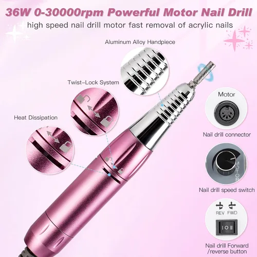 Miniatura 3 de Biutee Colector de polvo de uñas, 5 en 1, 80 W, extractor profesional de 30000 rpm, máquina de taladro eléctrico de uñas con lámpara LED UV de 48