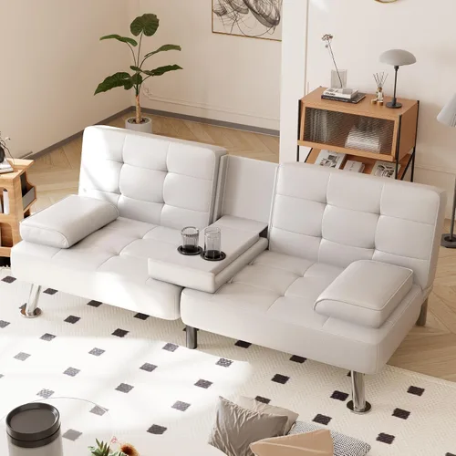 Miniatura 7 de Shahoo - Sofá cama convertible tipo futón plegable para sala de estar, sofá cama con respaldo tapizado de cuero sintético, sillón con reposabrazos