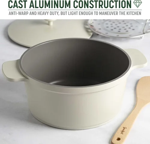 Miniatura 6 de Goodful Olla todo en uno, antiadherente multicapa, horno holandés fundido de alto rendimiento con tapa a juego, estante para asar y girador, Lino