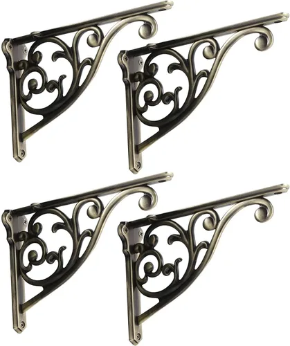 Miniatura 73 de Soportes de estante de 4 pulgadas, paquete de 4 soportes de pared de latón antiguo de alta resistencia, estantes decorativos de cocina victoriana