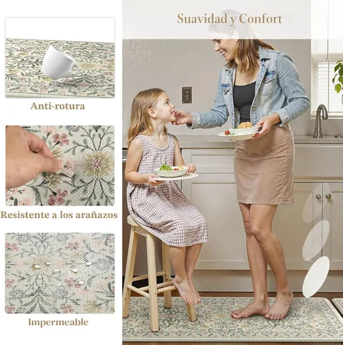 Miniatura 6 de Collive Tapete Anti Fatiga para Piso de Cocina, Tapetes de Cocina con Diseño Floral Primaveral para Piso Juego de 2, Alfombras para Fregadero Beige