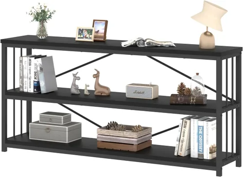 Miniatura 11 de IBF - Librero bajo rústico de 3 niveles, estantería industrial horizontal de madera, estantería larga y ancha de estilo granja de metal, estantería