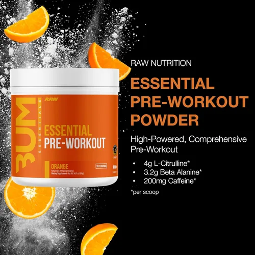Miniatura 3 de RAW Essential - Polvo preentrenamiento (naranja) - Suplemento deportivo de Chris Bumstead para hombres y mujeres - Polvo energético preentrenamiento