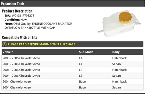 Marketplace Auto Parts Tanque de expansión de desbordamiento de refrigerante del radiador con tapa, compatible con Chevy Aveo 2004-2006