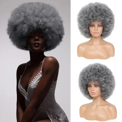 Miniatura 17 de Peluca rizada afro de los años 70 para mujer, marrón oscuro, fibras sintéticas, suave, flexible, sin desprendimiento, correas ajustables Marrón/Negro