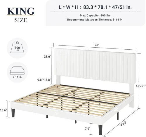 Miniatura 2 de Allewie Base de cama tamaño King, plataforma tapizada de terciopelo con cabecera capitoné de canal vertical ajustable, base de colchón con listones