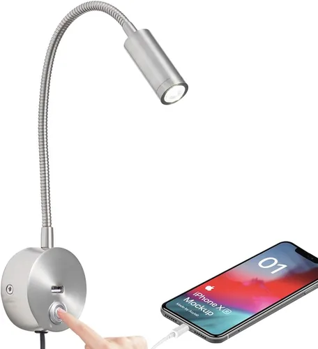 Luz de lectura regulable montada en la pared con puerto de carga USB, luz de lectura LED enchufable, lámparas de pared con cuello de cisne flexible,