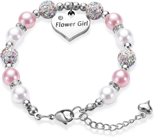 Vinjewelry Pulsera de flores para niñas, bolas de perlas y diamantes de imitación, regalos para niñas de flores, uso en fiesta de boda, Metal