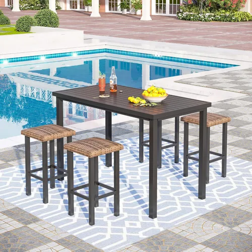 Miniatura 8 de PHI VILLA Mesa de bar alta para exteriores, mesa de comedor de 55 x 27 pulgadas de altura de mostrador con marco de metal similar a la madera
