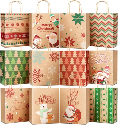 DeckTheHalls Bolsas de regalo de tamaño mediano con asas, decoraciones navideñas, bolsas de regalo surtidas con 12 diseños para regalos, compras y