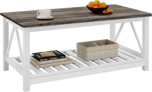 Miniatura 8 de Mesa de café de granja, mesa de café de roble blanco para sala de estar, mesa de centro rectangular de madera de 2 niveles con estante de listones