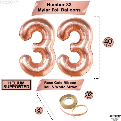 Miniatura 2 de KatchOn, Globos de oro rosa con el número 33, 40 pulgadas, decoraciones de cumpleaños número 33 para mujer, globo de cumpleaños 33 con globos