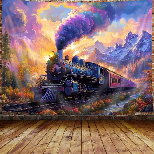 Miniatura 20 de Tapiz de Tren de Vapor, Tapices de Paisaje Otoñal de Tren de Motor Antiguo Decoración para Niños, Tapices de Arte de Acuarela de Bosque de Montaña