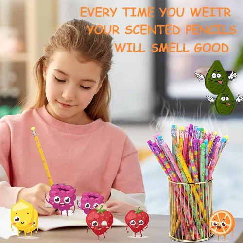 Miniatura 5 de 120 lápices perfumados para niños, lápices perfumados con borradores, lápiz de grafito HB de frutas para la escuela, papelería, fiesta, suministros