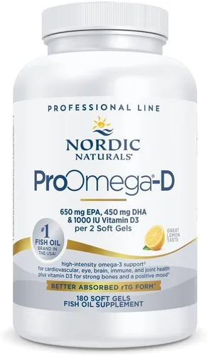 Nordic Naturals ProOmega-D, sabor a limón, 180 geles blandos, 1280 mg de omega-3 + 1000 UI D3, aceite de pescado de alta potencia, EPA y DHA, salud