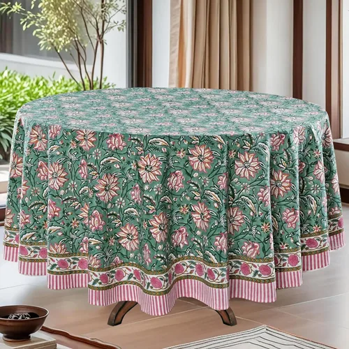 Miniatura 48 de Ridhi Mantel redondo de algodón reutilizable con estampado de bloque a mano, color verde espárragos, 60 pulgadas, mantel decorativo para uso diario