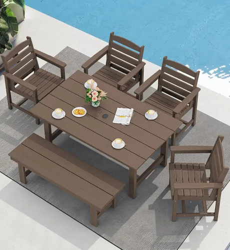 Miniatura 18 de SERWALL Juego de Mesa de Comedor de HDPE para Exteriores, Juego de 7 Piezas de Mesa de Comedor al Aire Libre con Mesa con Corte para Agujero de Gris