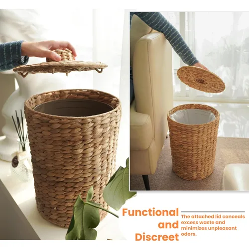 Miniatura 4 de Tidita Cesta de basura de mimbre de 4 galones, cubo de basura de baño de jacinto de agua con tapa, cubo de basura de baño estilo bohemio, cubo