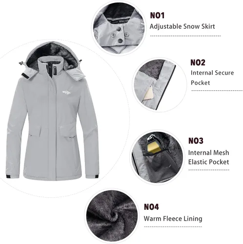 Miniatura 5 de Wantdo - Chaqueta de esquí impermeable para mujer, abrigo de invierno cálido y resistente al viento, abrigos de nieve