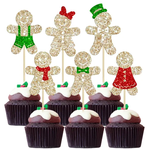 Miniatura 8 de Gyufise 24 piezas Adornos para cupcakes de jengibre de Navidad con purpurina, adornos para cupcakes de jengibre para revelar el género, púas