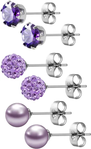 Miniatura 29 de JewelrieShop - Juego de aretes de tuerca de acero inoxidable con circonitas cúbicas y perlas de imitación, 3 pares de 0.236 in