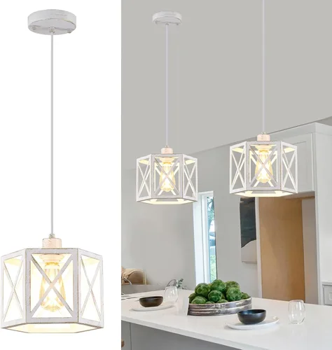 XSDeTu Paquete de 2 luces colgantes para isla de cocina, iluminación colgante moderna con jaula hexagonal blanca, luces de techo de metal vintage,