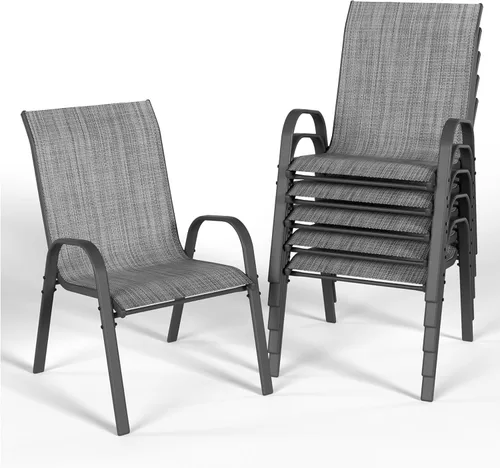 Miniatura 14 de Juego de 4 sillas de comedor para patio, sillas de comedor apilables, respaldo alto, tela de asiento transpirable y marco de acero de aleación