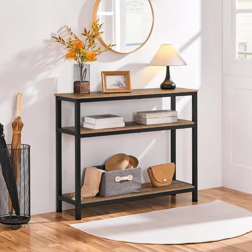 Miniatura 2 de Yaheetech Mesa consola industrial, mesa de entrada de 3 niveles con estantes de almacenamiento, mesas de sofá estrechas para sala de estar, Marrón