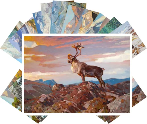 PIXILUV Postales vintage (24 piezas de 4 x 6 pulgadas cada una) Pinturas serenas de animales fuertes que atraviesan montañas, postales vintage,