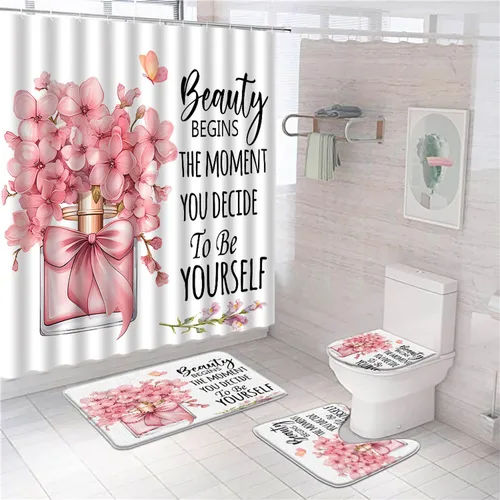 Juego de 4 cortinas de ducha para niñas, diseño floral, mariposa, rosa, frases, inspiradoras, palabras motivacionales, día de San Valentín, moderno,