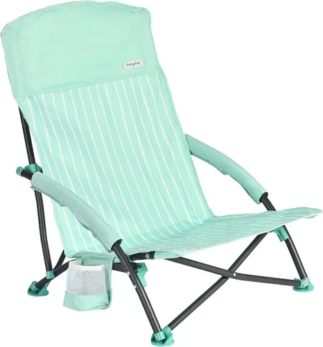 Miniatura 11 de SUNNYFEEL Silla de playa baja plegable para adultos, sillas de camping de playa ligeras portátiles con soporte para tazas, reposabrazos, silla