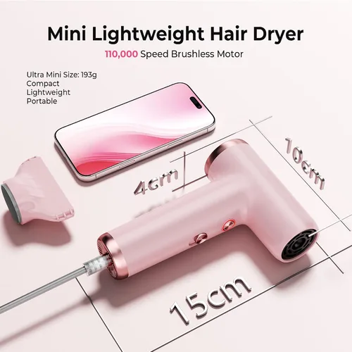 Miniatura 3 de Secador de Pelo Mini, Secador de Pelo Iónico de Alta Velocidad de 4 Temperaturas, Secador de Pelo Portátil de 2 Velocidades Ligero Pequeño, Secador