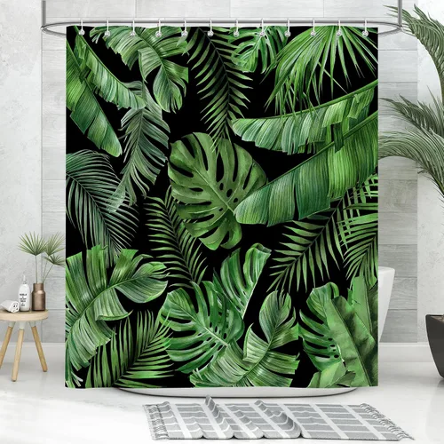 Miniatura 3 de Cortina de Ducha de Hojas Tropicales, Cortina de Baño Decorativa Verde y Negra con Hojas de Palmera y Plátano, Juegos de Cortinas de Ducha de Tela