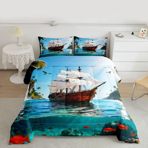 Miniatura 19 de Juego de edredón de brújula azul marino, tamaño individual, 2 piezas, diseño náutico de vela, estilo simple, para niños, adolescentes, adultos