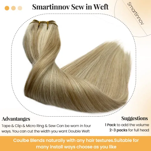 Miniatura 2 de Extensiones de cabello humano real con trama cosida, atadas a mano, color rubio ceniza a rubio con reflejos, extensiones cosidas con trama
